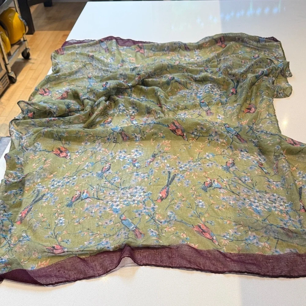 Hummingbird Japanese Floral Green and Burgundy Bordered Women's Scarf